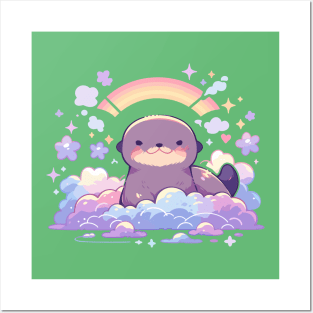 Cute Kawaii Rainbow Baby Sea Otter Pup Posters and Art